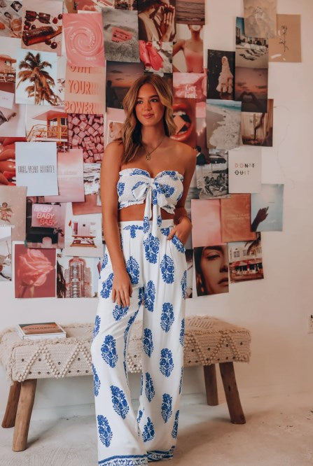 Printed Strapless Crop Top and Pant Set