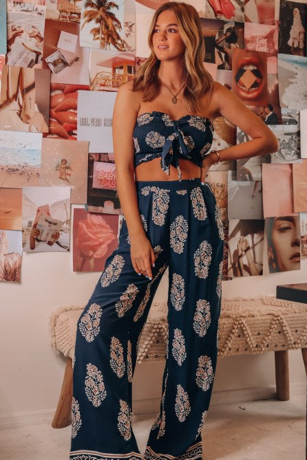 Printed Strapless Crop Top and Pant Set