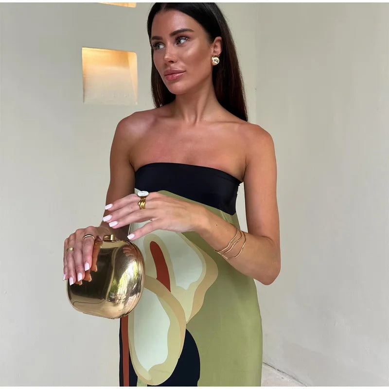 Olive Green Floral Strapless Maxi Dress