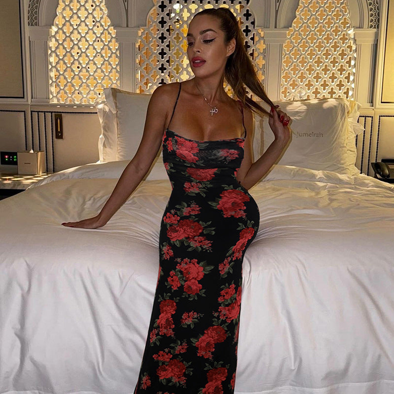 Rose Printed Tie-Back Maxi Dress