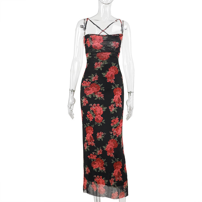 Rose Printed Tie-Back Maxi Dress