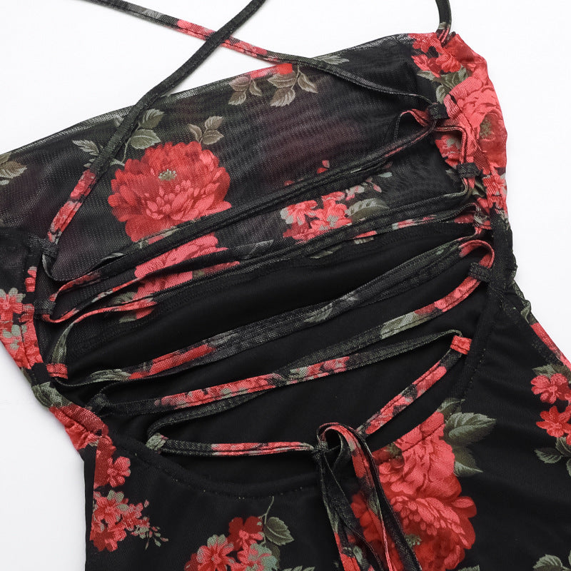 Rose Printed Tie-Back Maxi Dress
