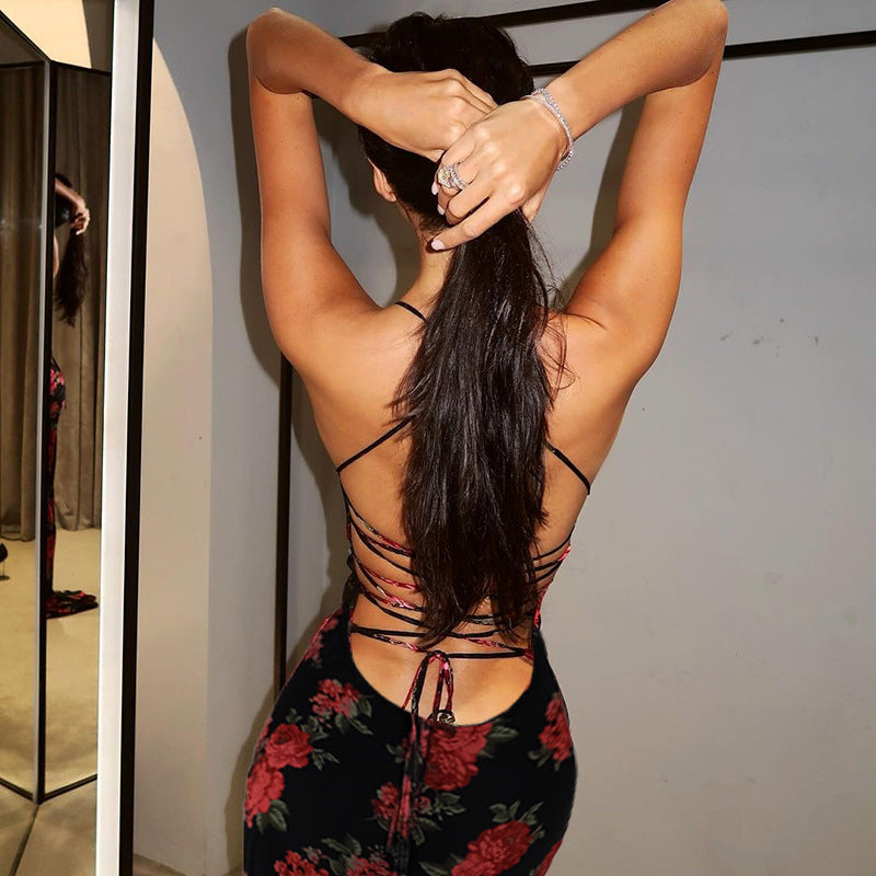 Rose Printed Tie-Back Maxi Dress