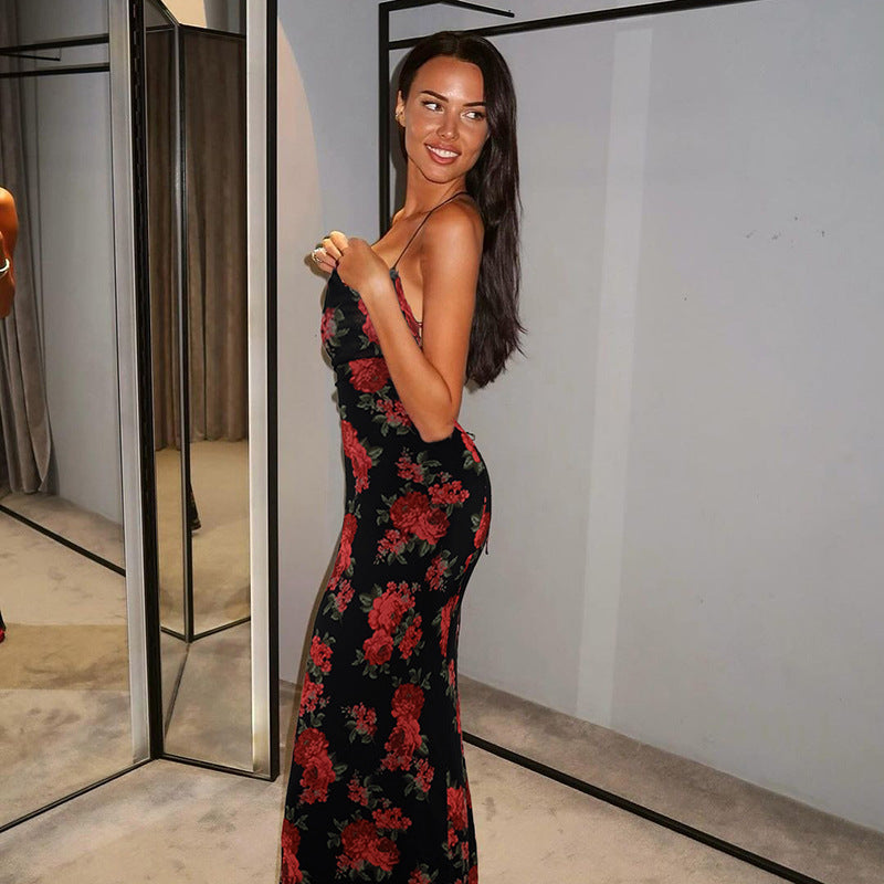 Rose Printed Tie-Back Maxi Dress