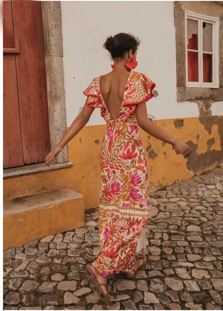 Floral Printed Backless Maxi Dress