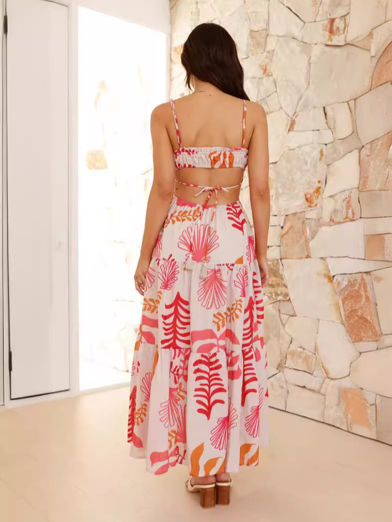 Pink Printed Cut-Out Back Maxi Dress