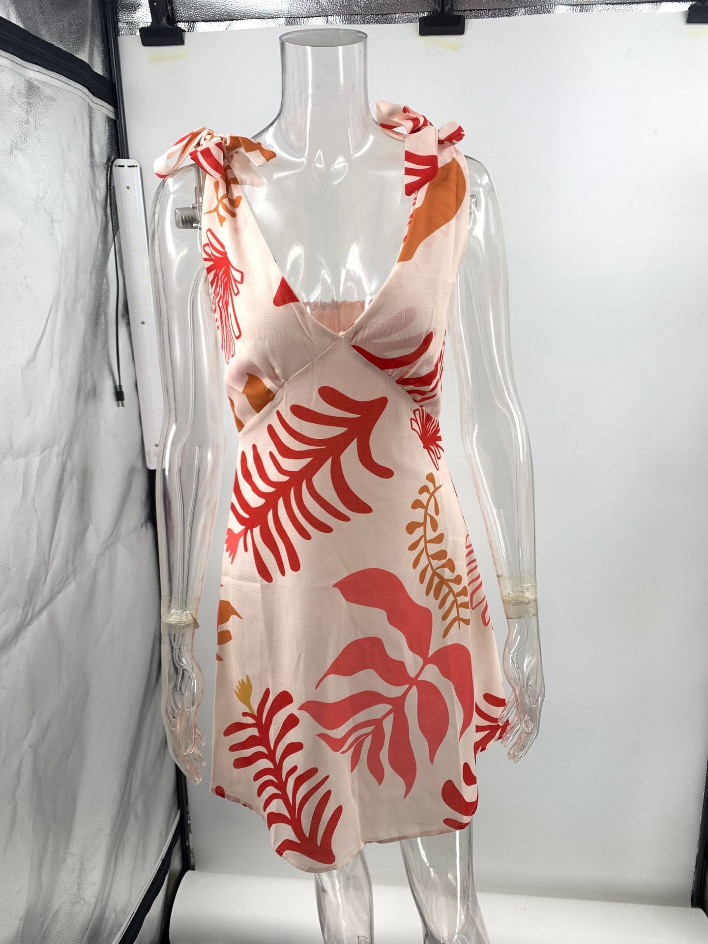 Leaf Printed Tie-Up Dress