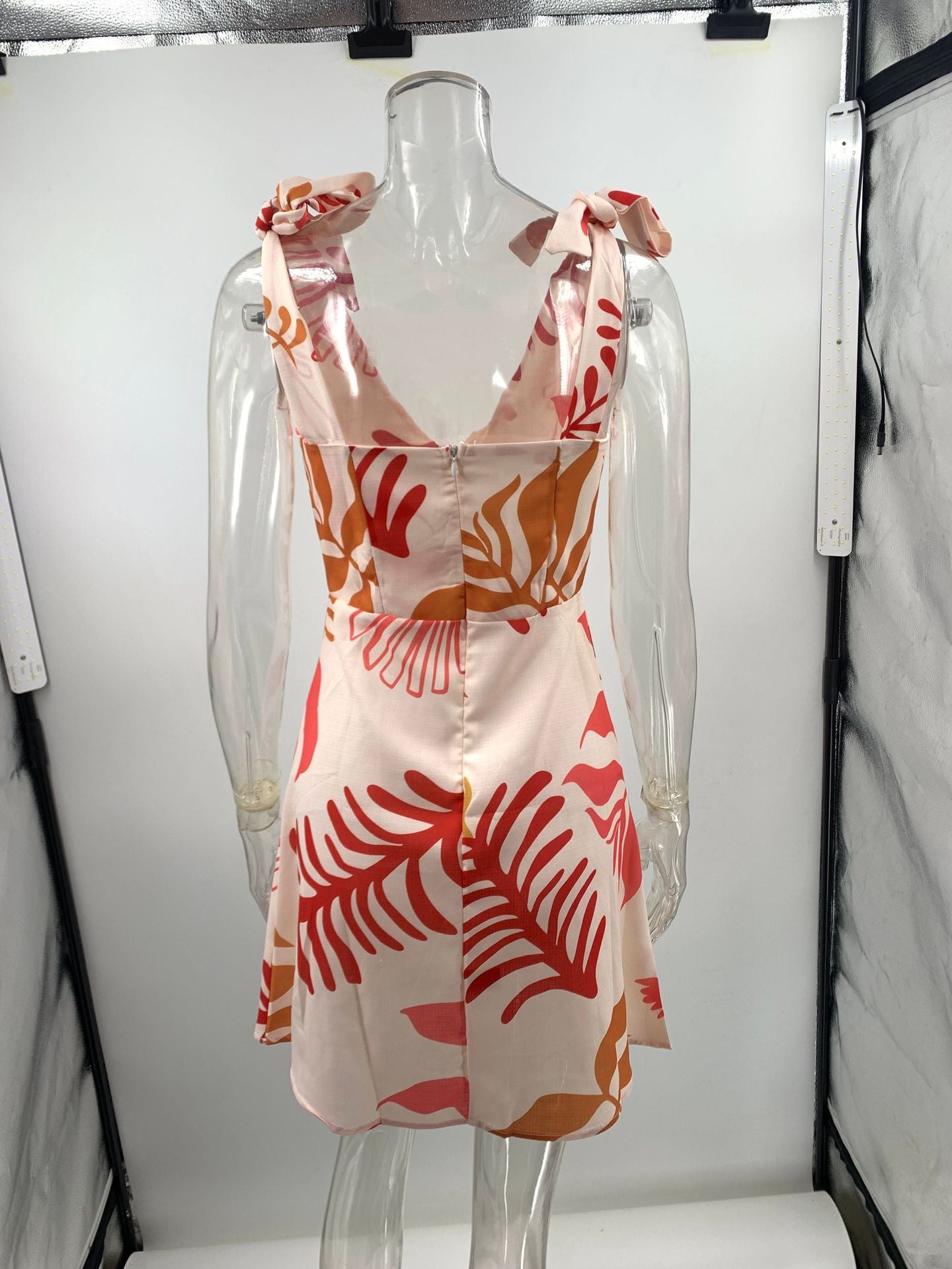Leaf Printed Tie-Up Dress