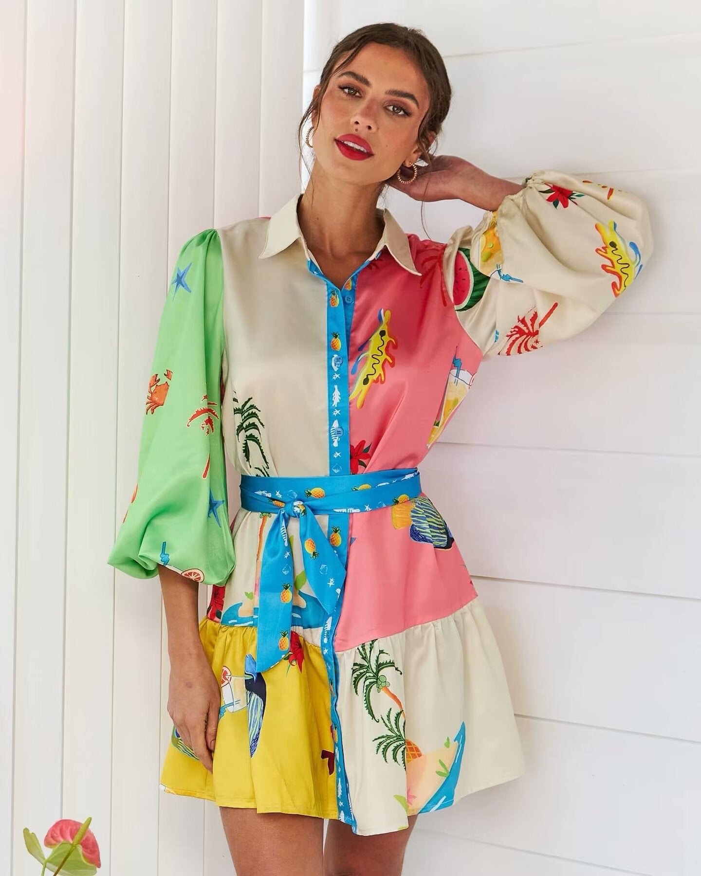 Tropical Print Belted Dress