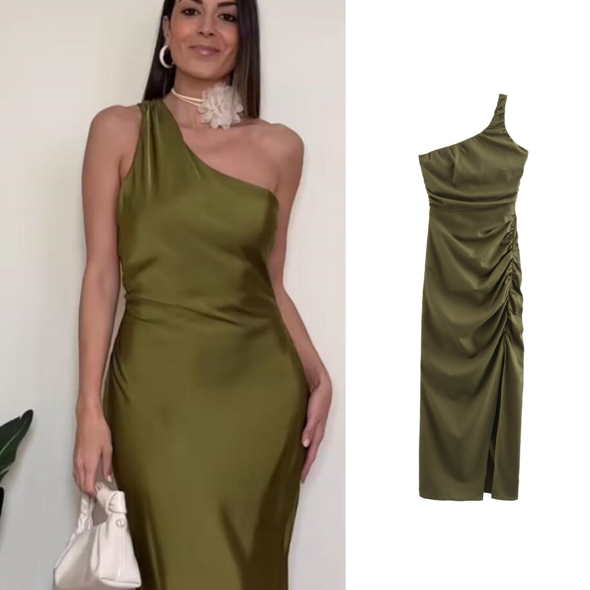 One Shoulder Olive Green Dress
