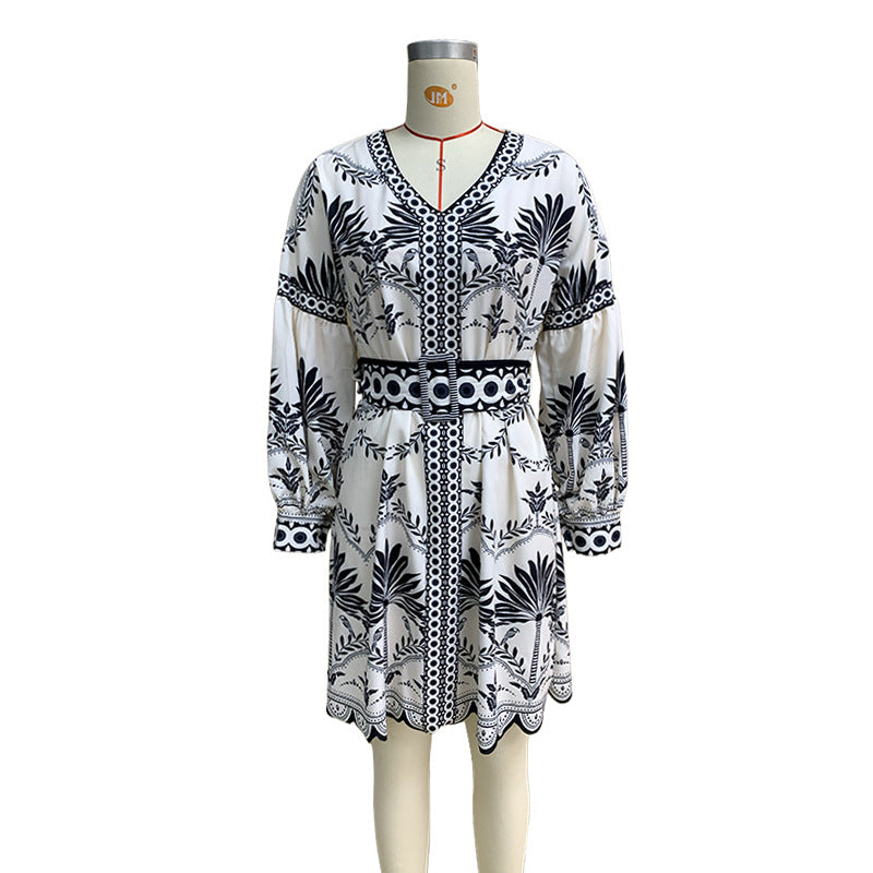 Ivory and Black Printed Long Sleeve Dress