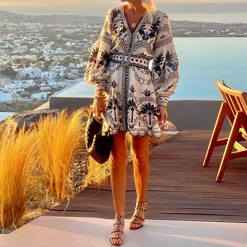 Ivory and Black Printed Long Sleeve Dress