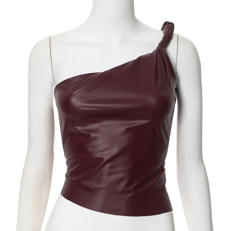 One Shoulder Faux Leather Top
