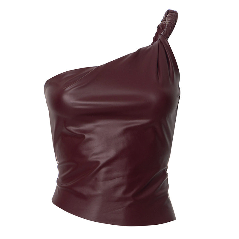 One Shoulder Faux Leather Top