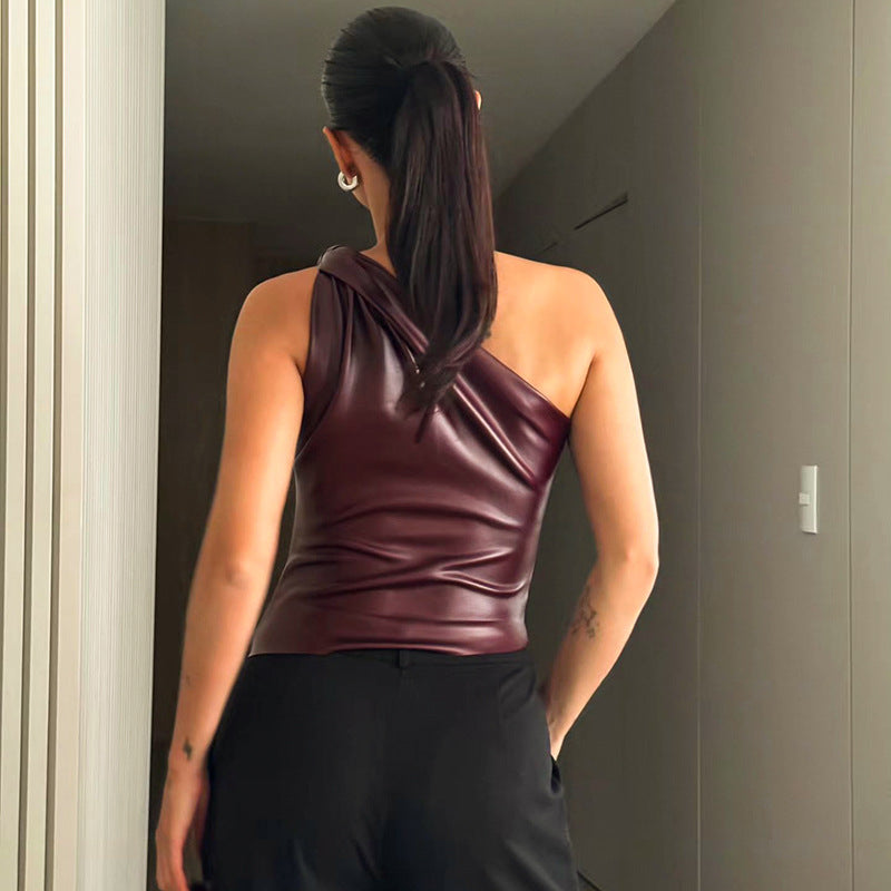 One Shoulder Faux Leather Top