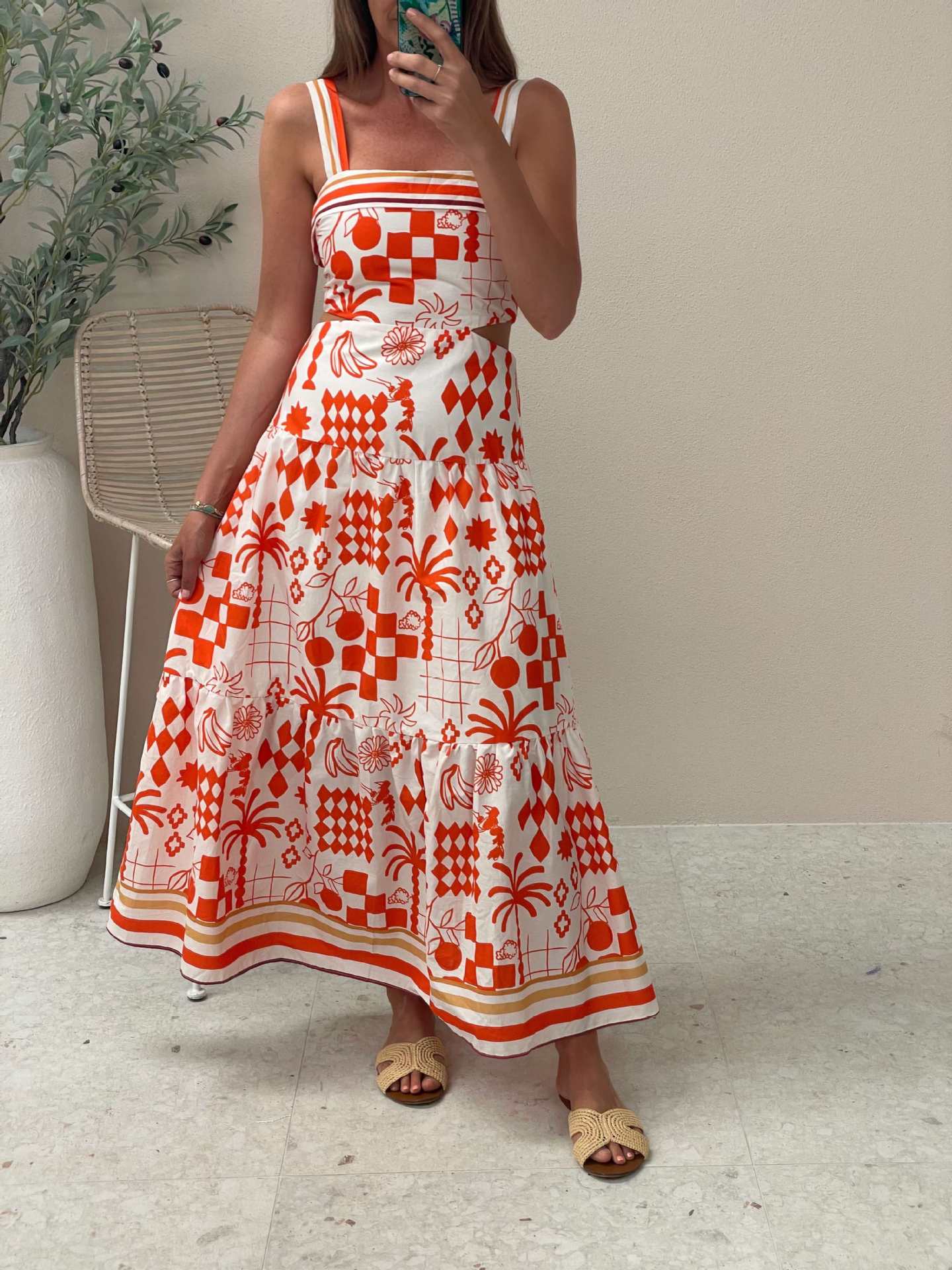 Orange and White Printed Maxi Dress