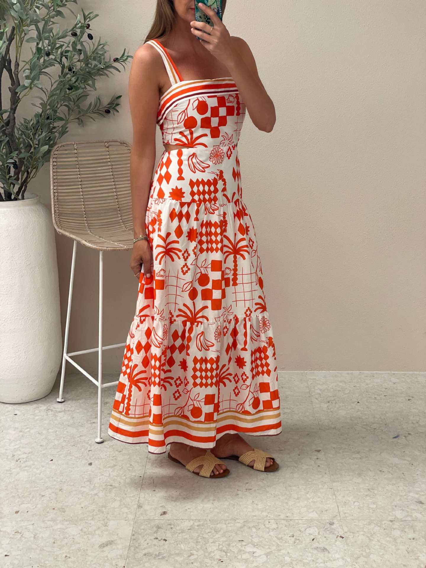 Orange and White Printed Maxi Dress