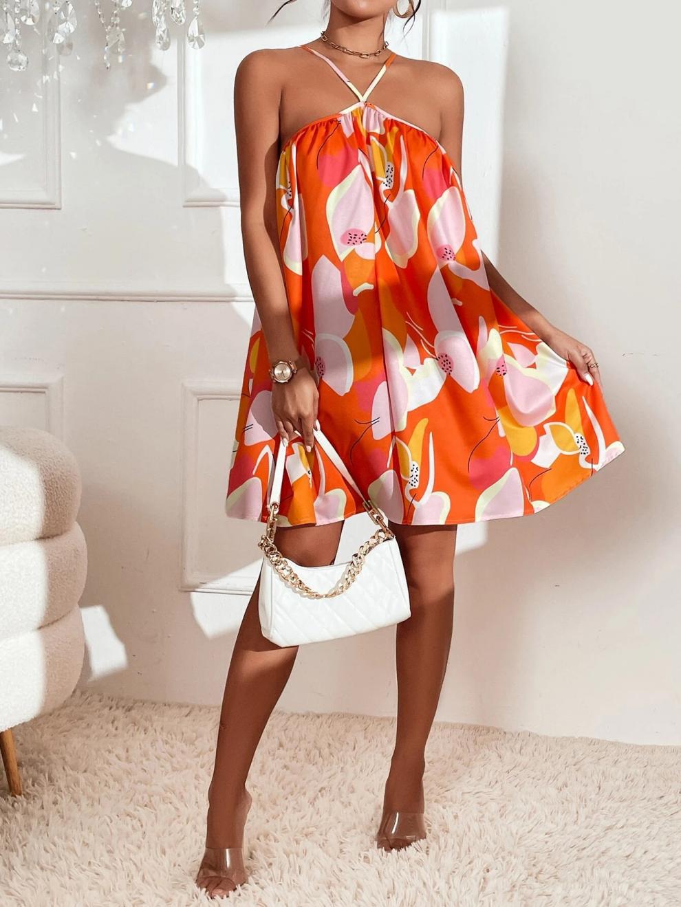 Orange Floral Printed Swing Dress