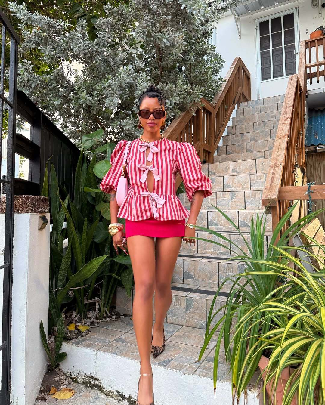 Red Striped Tie Front Top