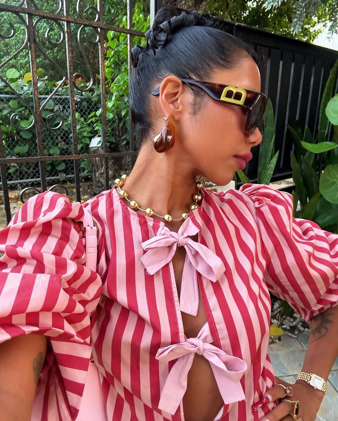 Red Striped Tie Front Top