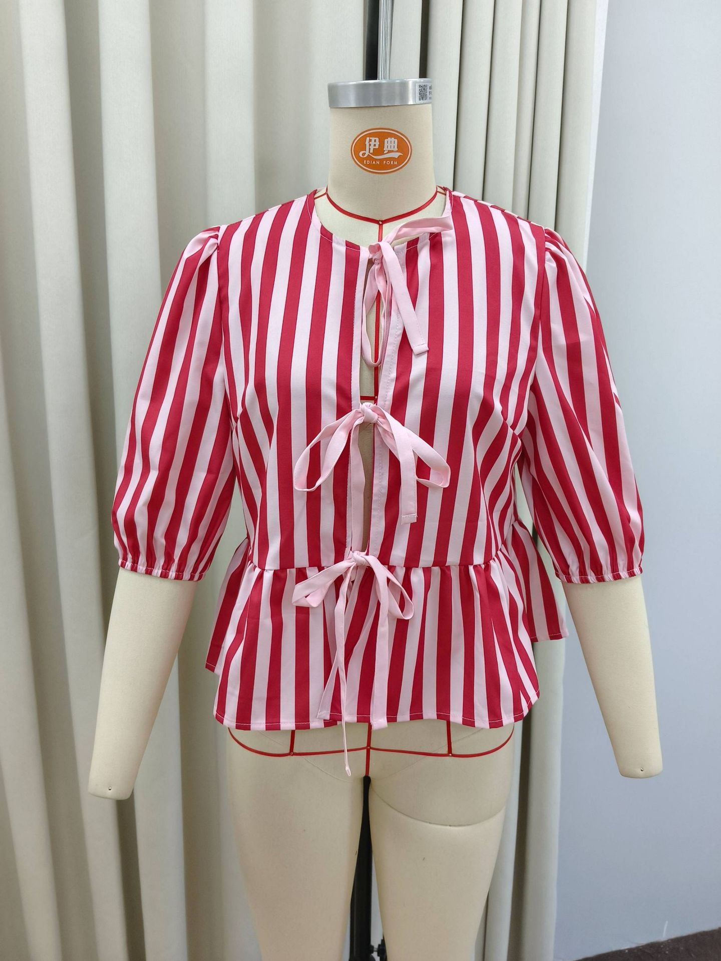 Red Striped Tie Front Top