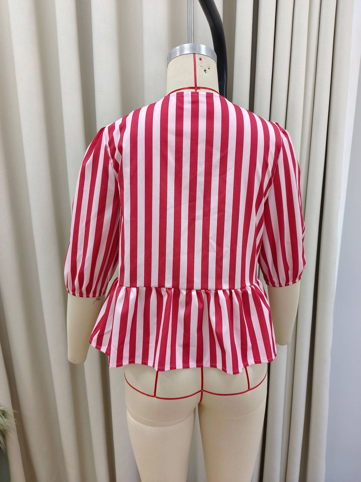 Red Striped Tie Front Top