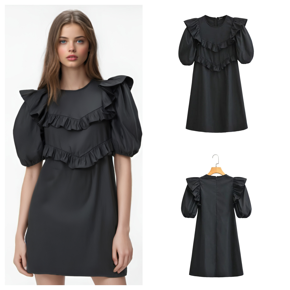 Puff Sleeve Ruffle Tier Mini Dress