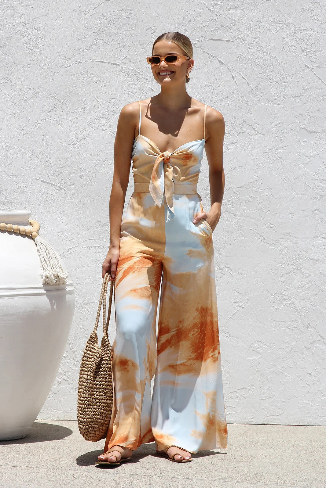 Marble Print Wide Leg Cut-Out Jumpsuit