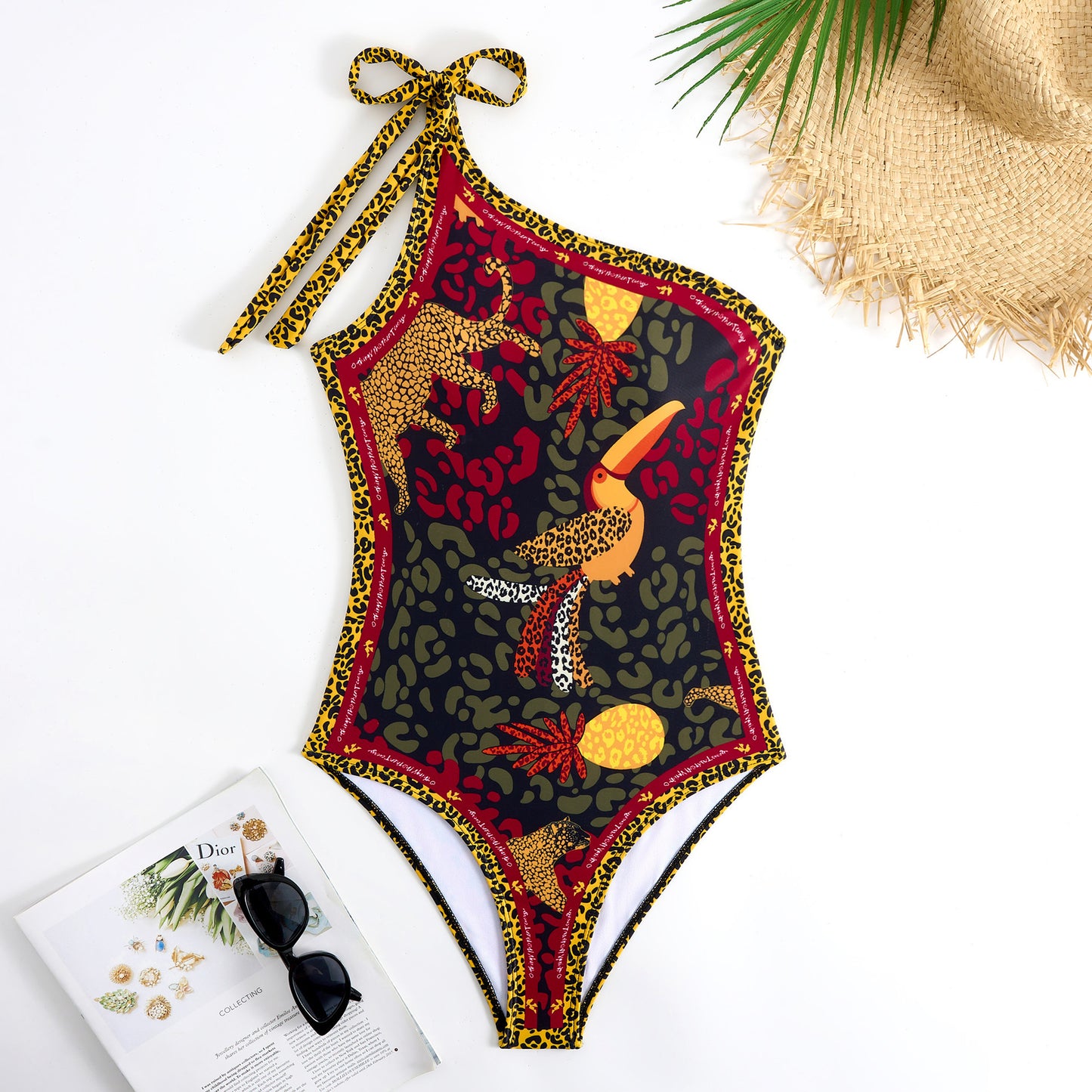 One Shoulder Leopard Print Swimsuit with Cover-Up