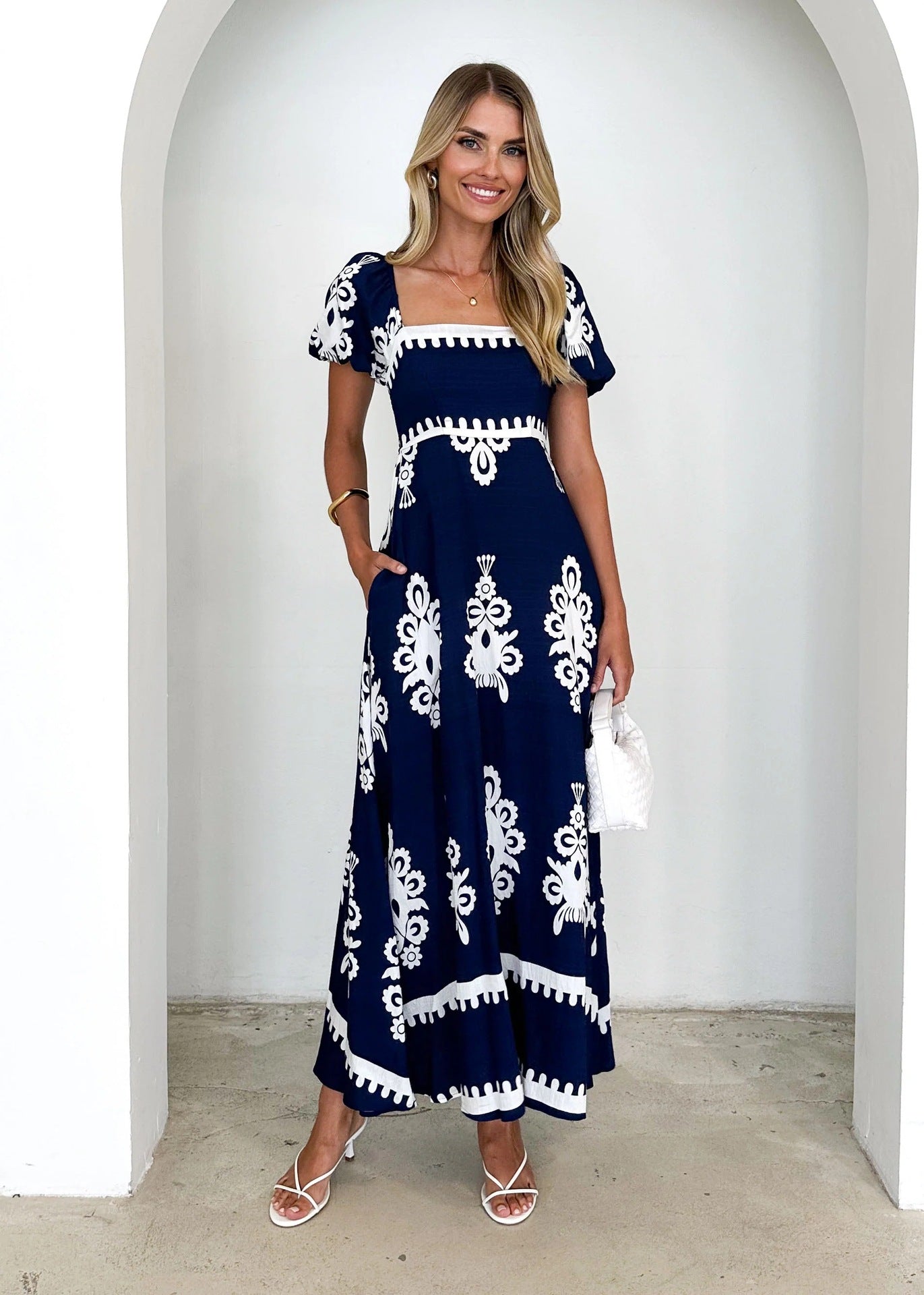 Navy Blue and White Printed Maxi Dress