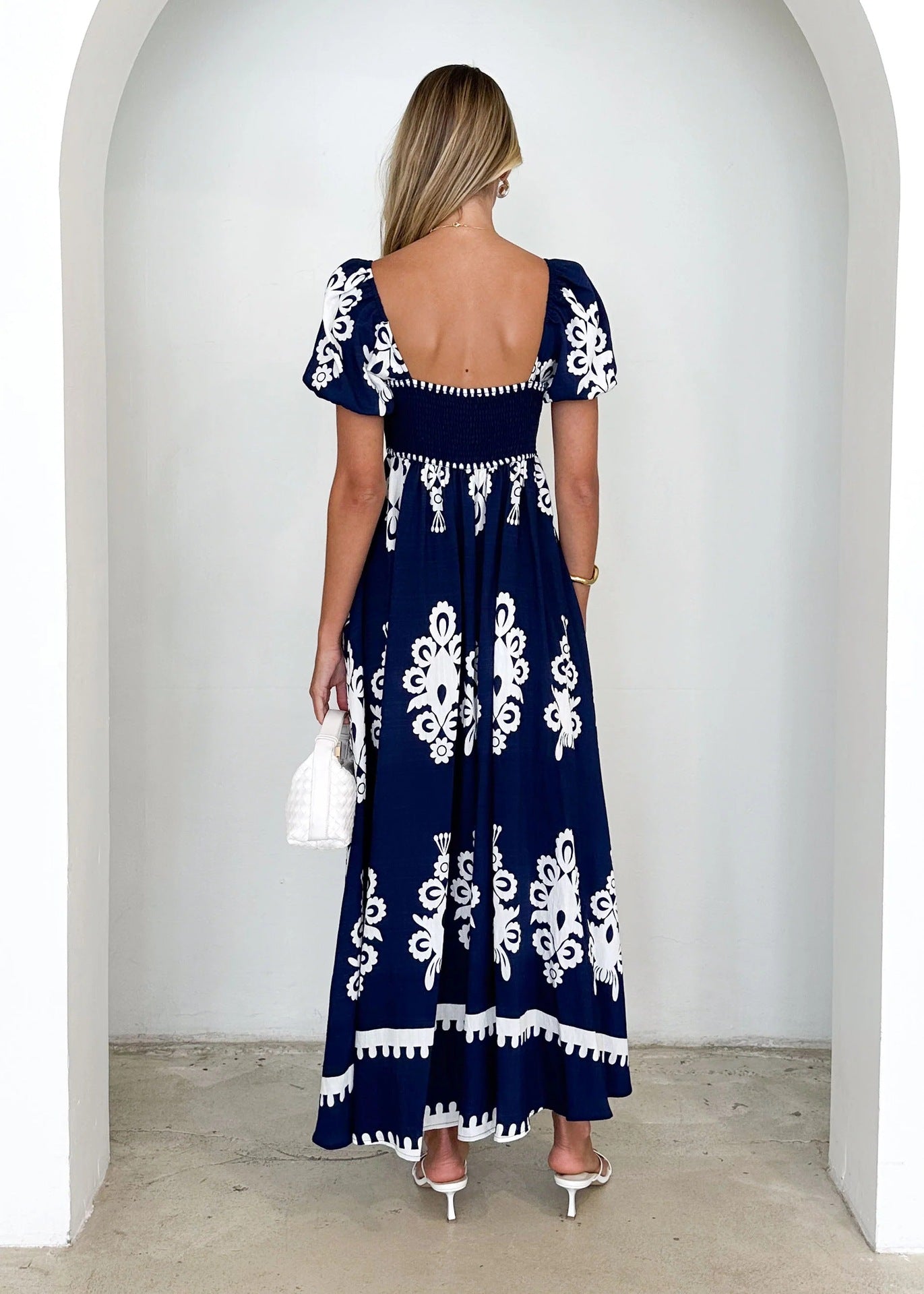 Navy Blue and White Printed Maxi Dress