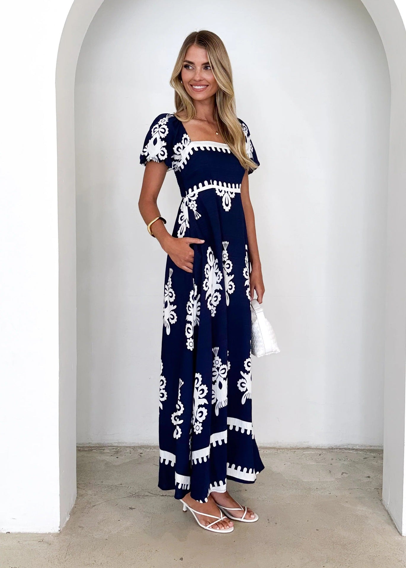 Navy Blue and White Printed Maxi Dress