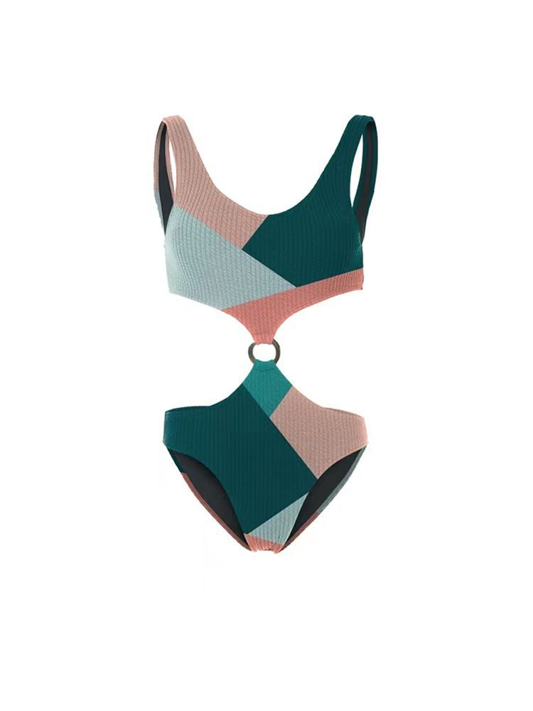 Pink and Green Abstract Print Cut-Out Monokini