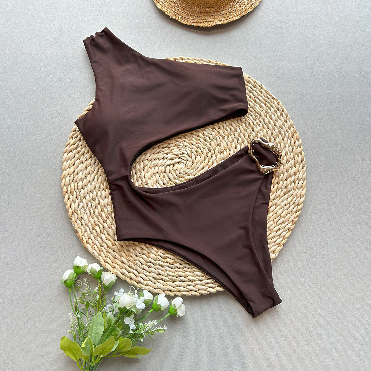 One Shoulder Cut-Out Swimsuit with Gold Accent