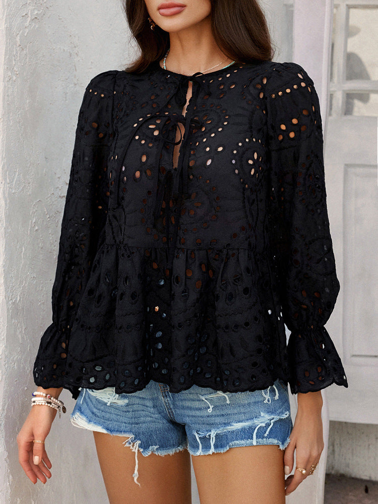 Long Sleeve Eyelet Top