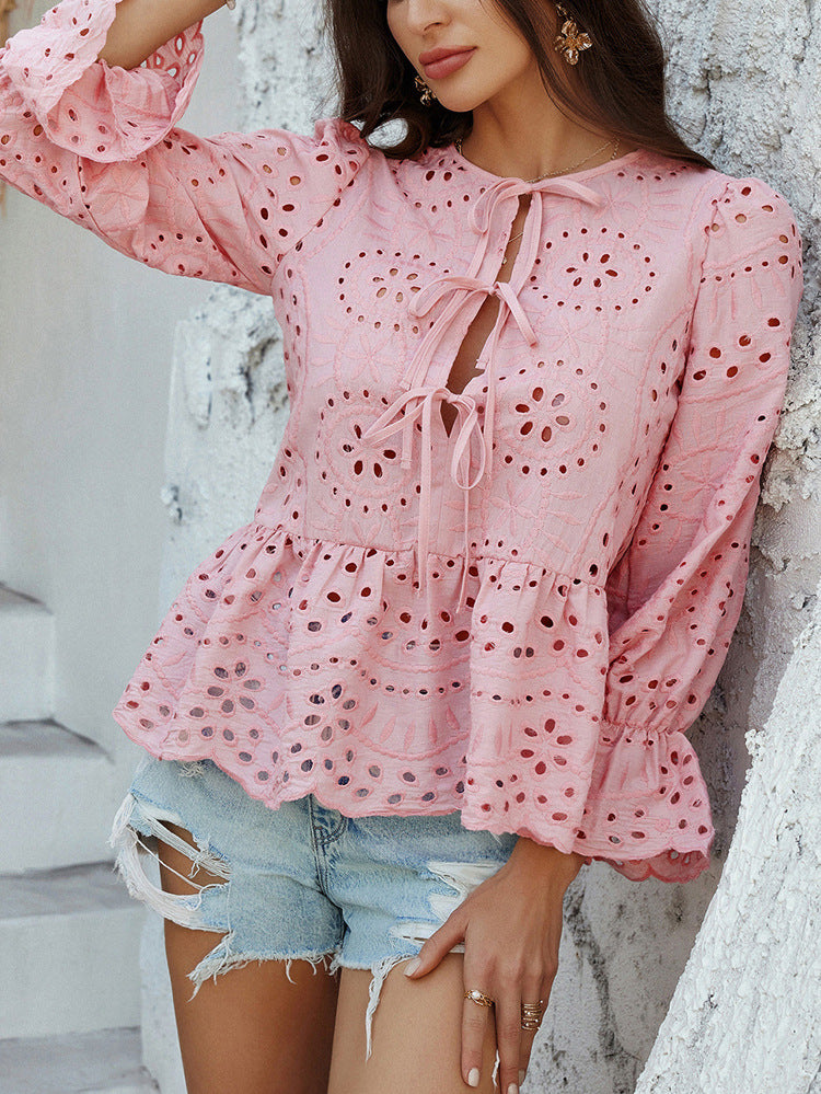 Long Sleeve Eyelet Top
