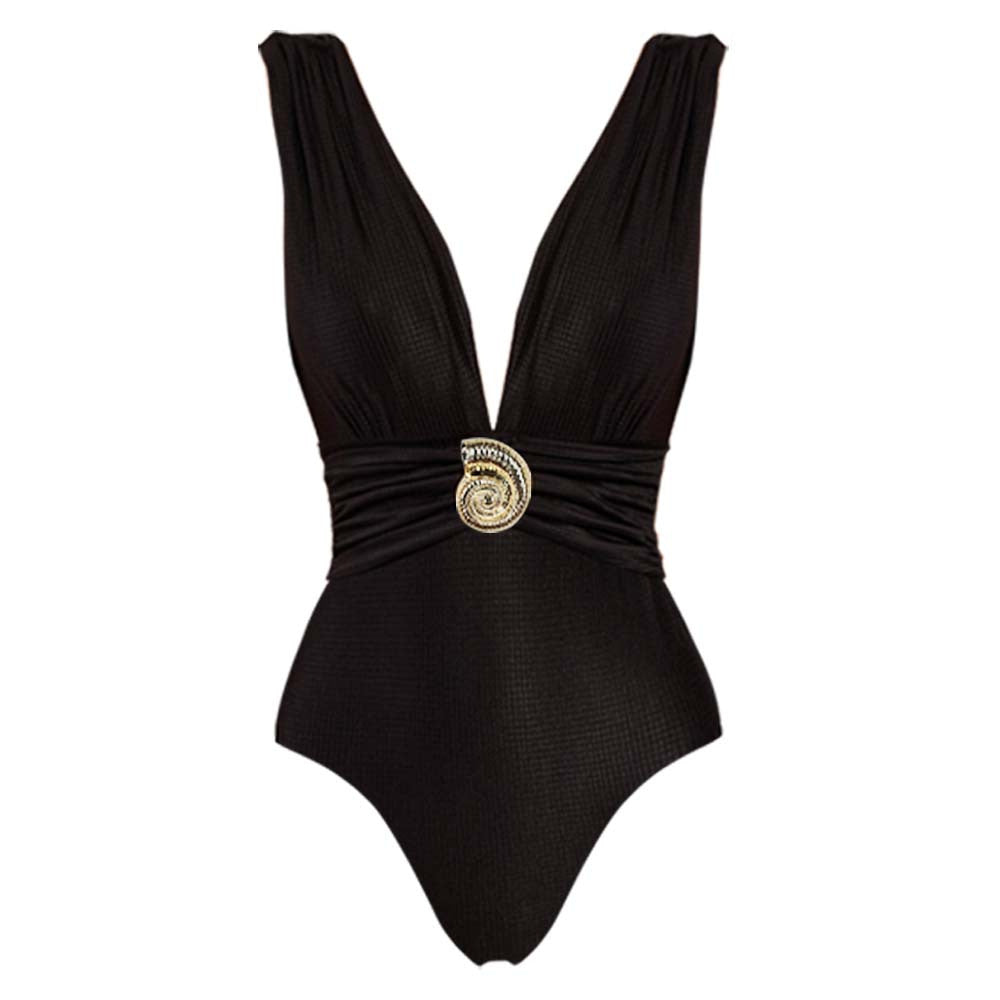 Ruched V-Neck Swimsuit with Shell Accent