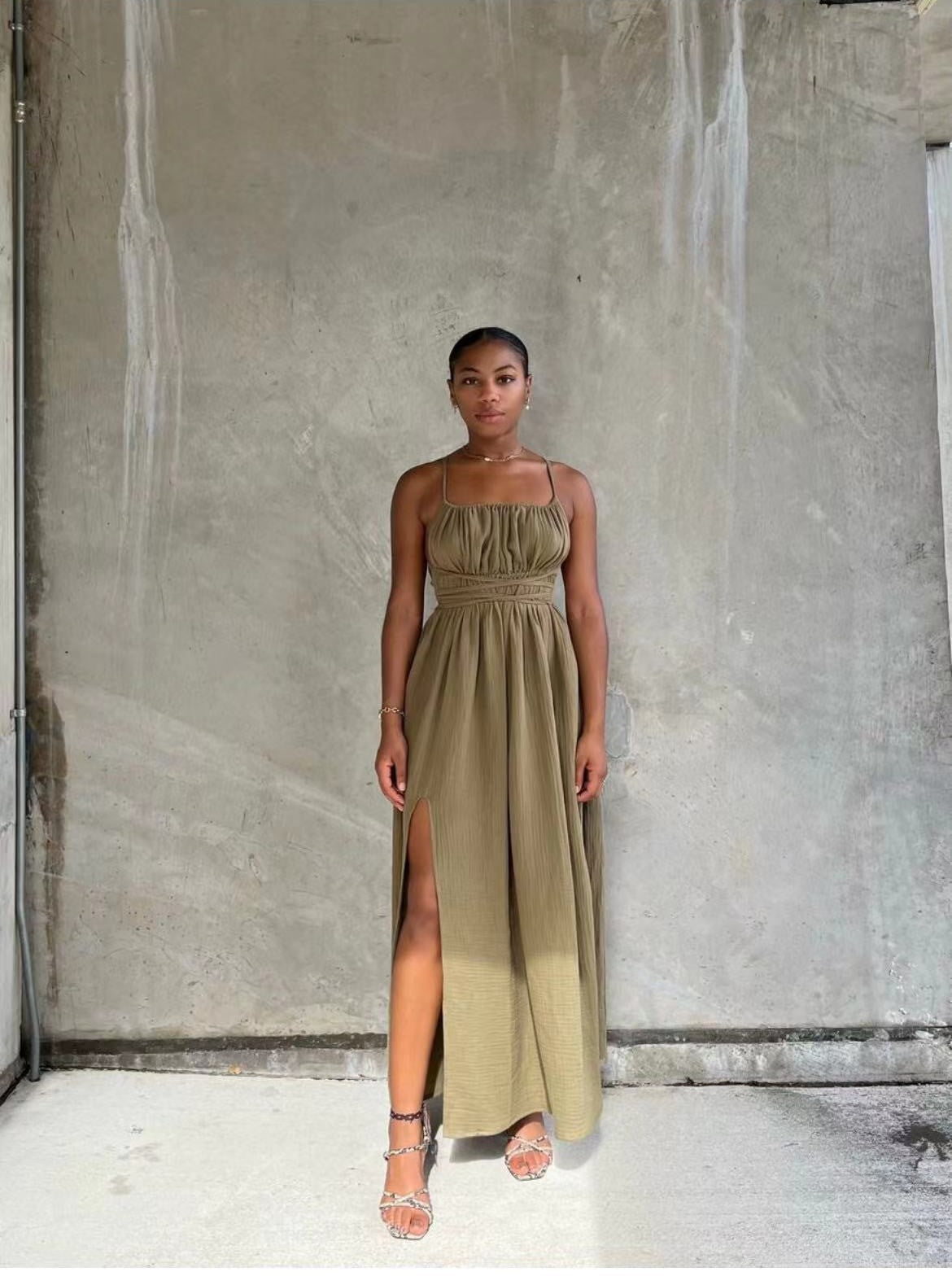 Khaki Tie-Up Maxi Dress