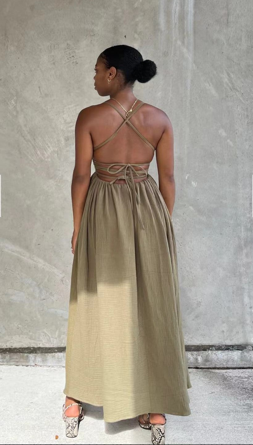 Khaki Tie-Up Maxi Dress