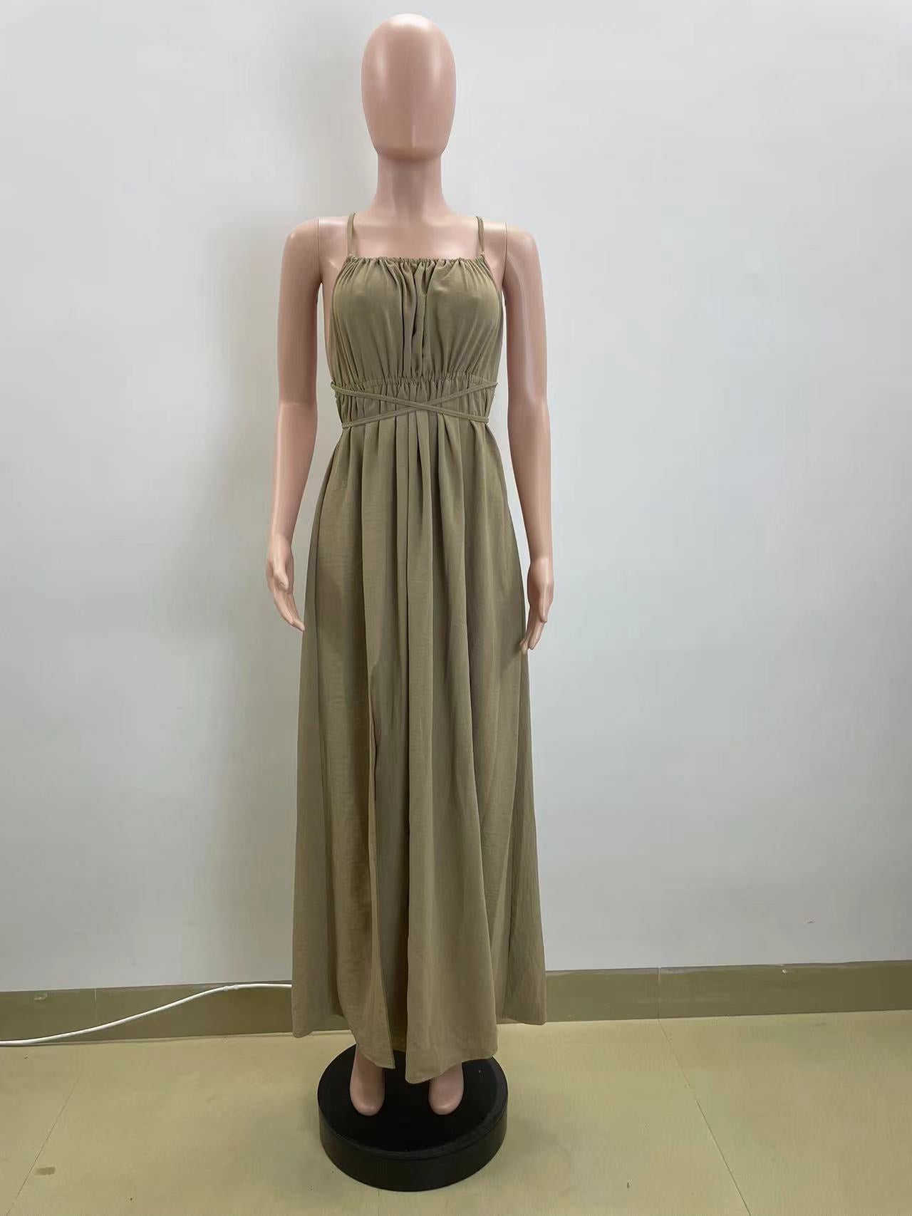 Khaki Tie-Up Maxi Dress