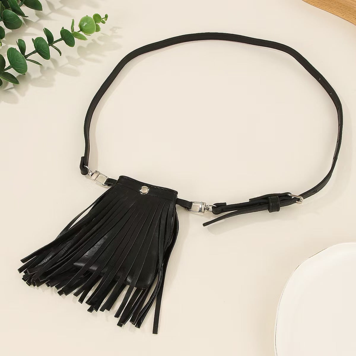 Black Faux Leather Fringe Belt Bag