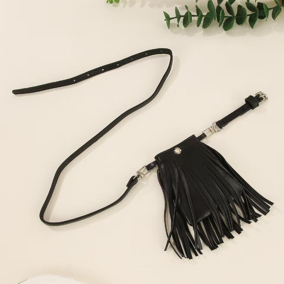Black Faux Leather Fringe Belt Bag