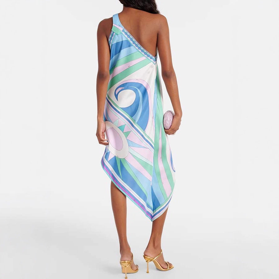 Aqua Printed One Shoulder Midi Dress