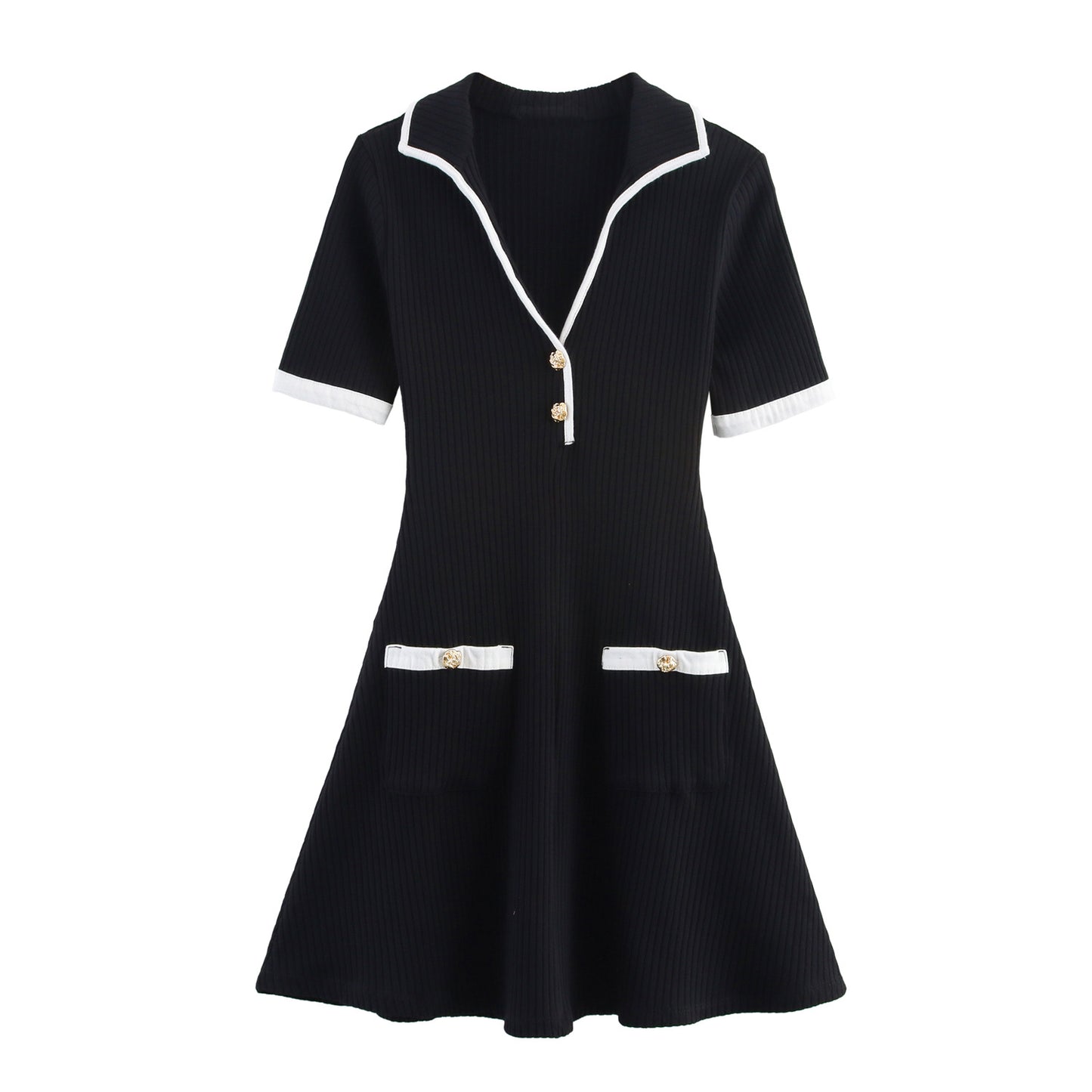 Contrast Trim Ribbed Polo Dress
