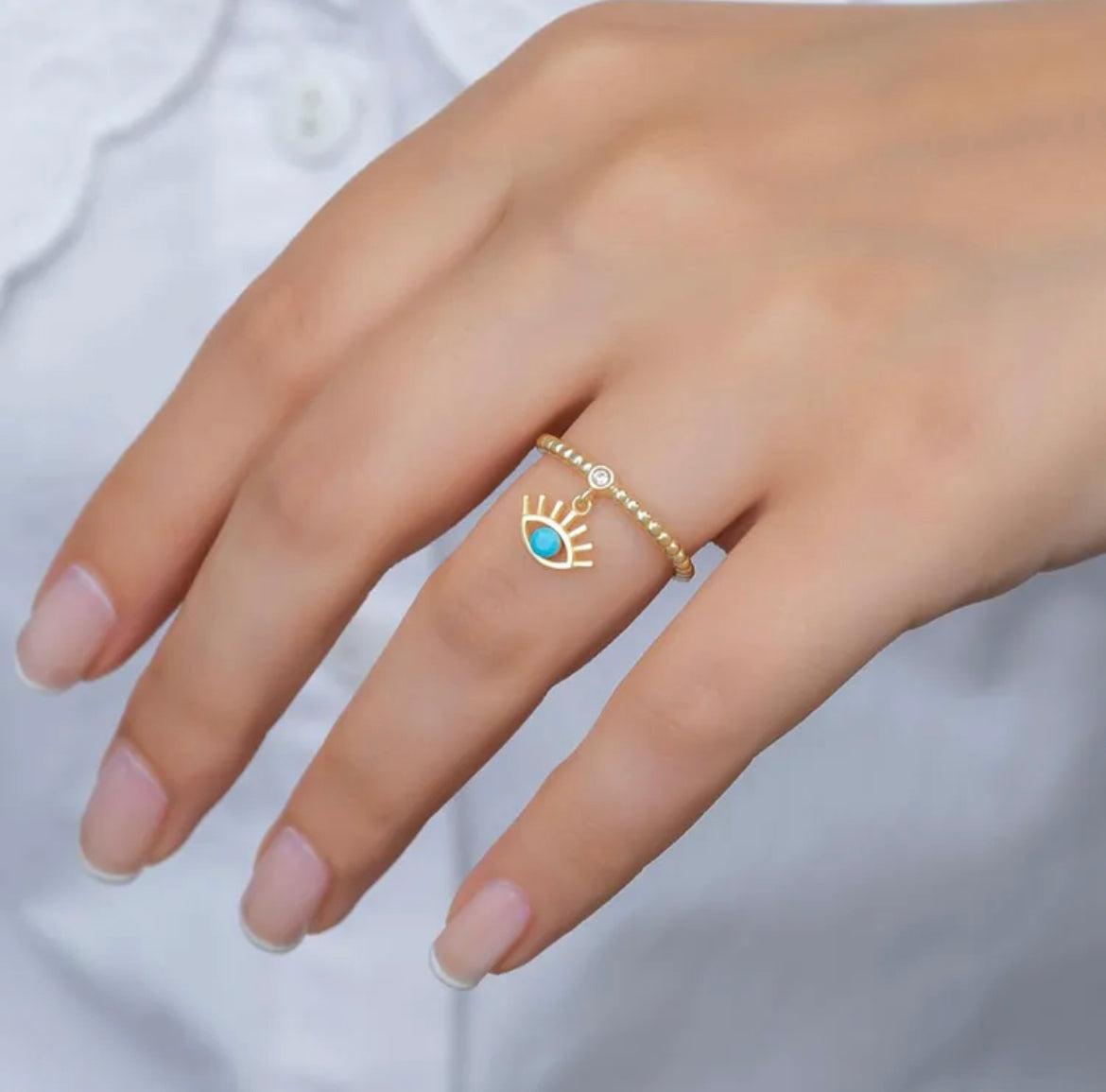Turquoise and Gold Evil Eye Charm Ring