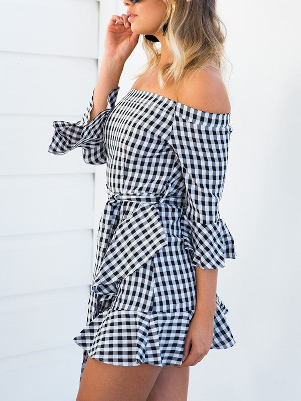 Black and White Gingham Off Shoulder Dress