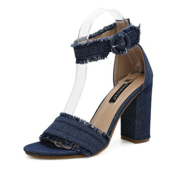 Raw Trim Ankle Strap Denim Block Heels