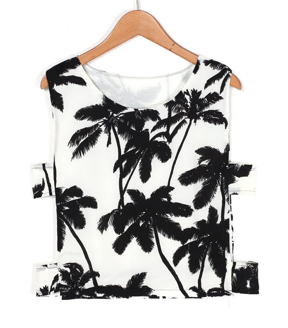 Palm Tree Print Cut-Out Crop Top