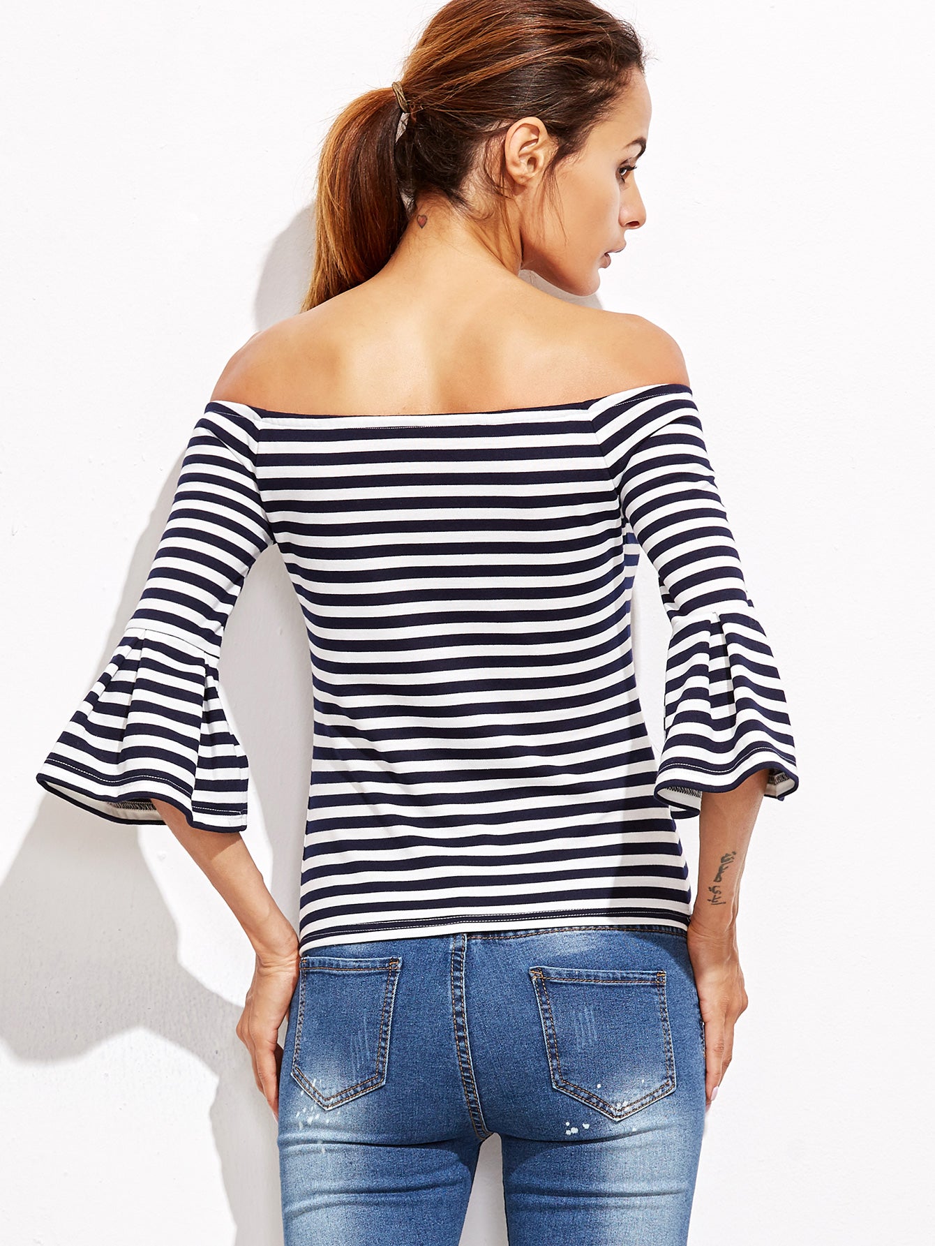 Sail Away Striped Bell Cuff Off Shoulder Top