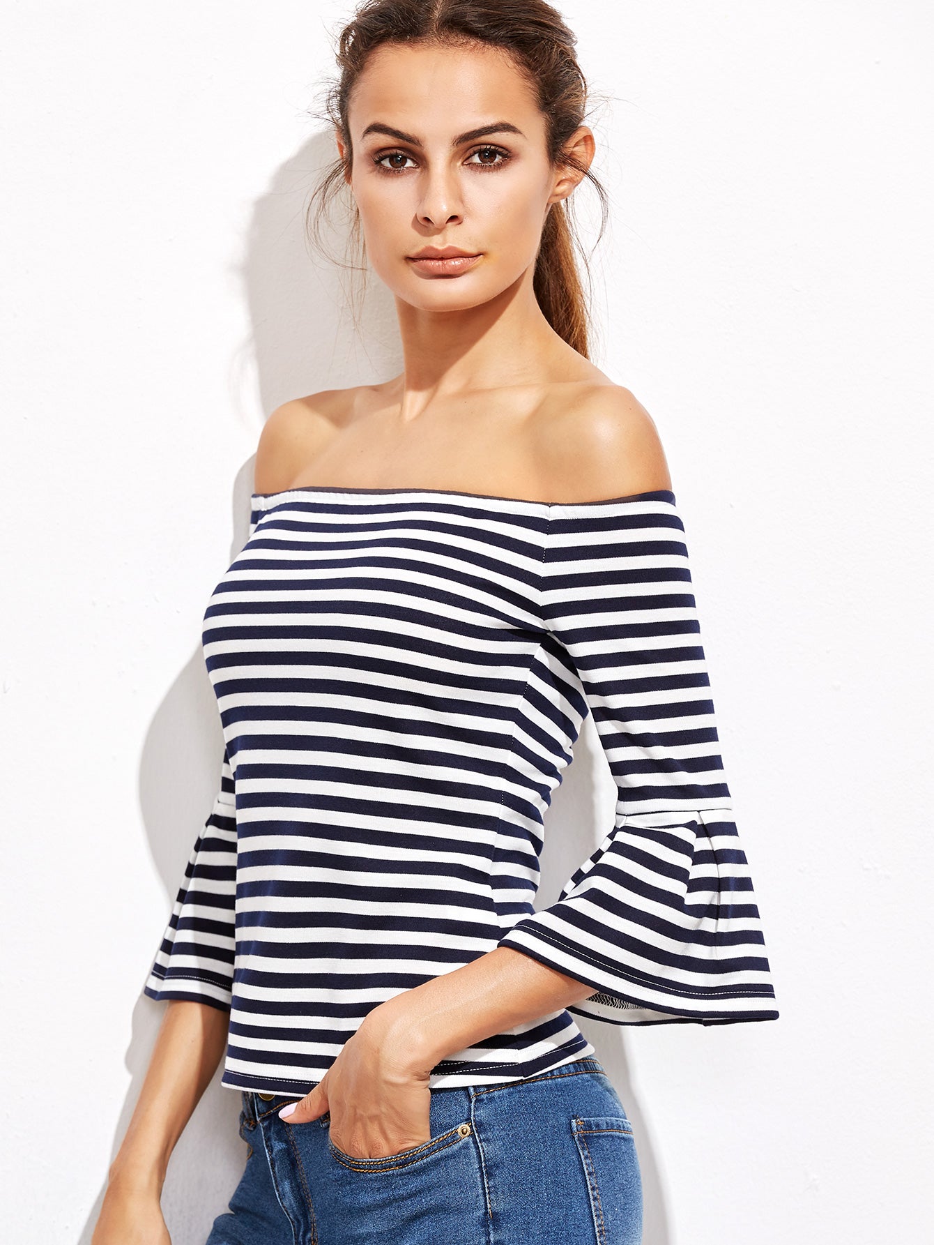Sail Away Striped Bell Cuff Off Shoulder Top